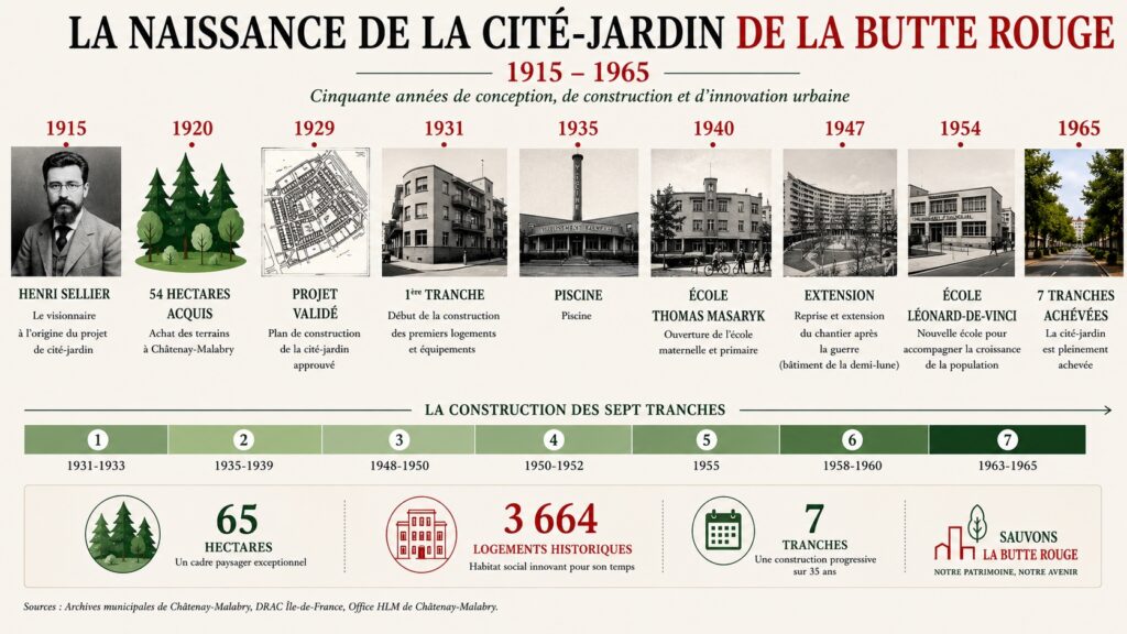 Les grandes étapes de la construction de la cité-jardin de la Butte Rouge (1915-1965).